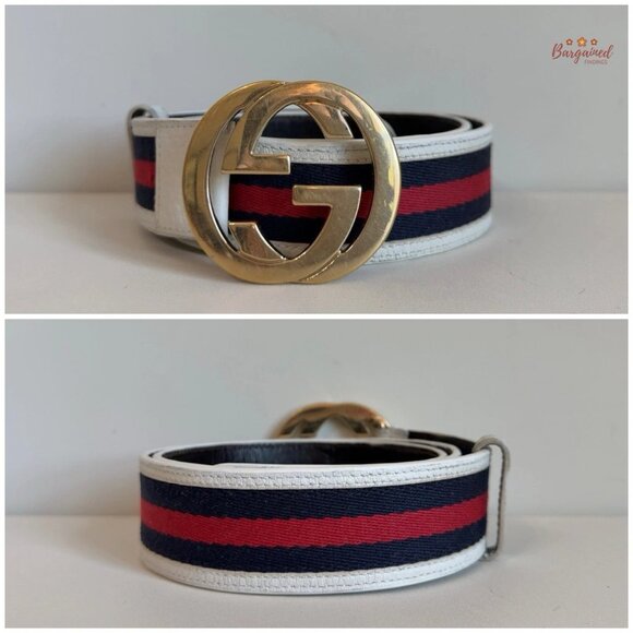 Authentic Gucci Web Canvas White Leather Gold Interlocking G Buckle Belt 85/34 - Picture 4 of 14